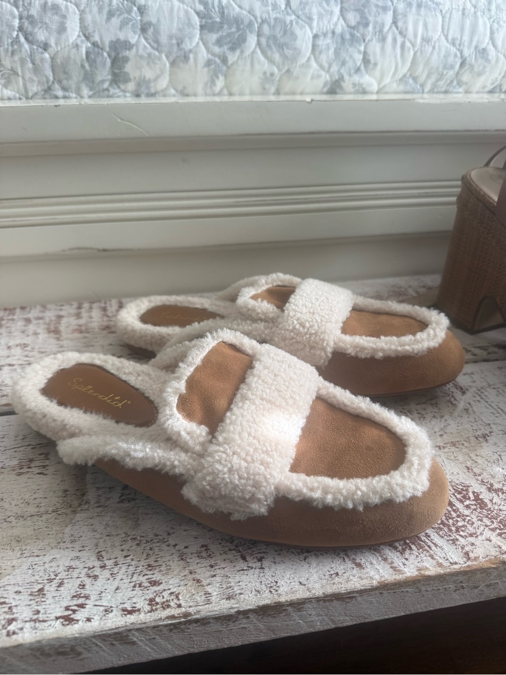 Splendid Cream Sherpa Strap Slide Flats